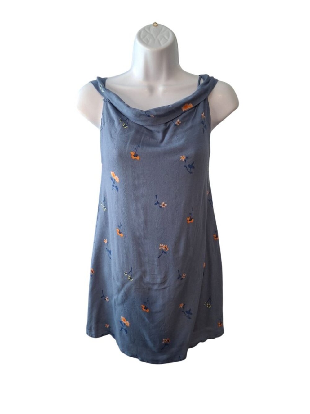 Honey Punch Cowl Neck Dress Blue  Small Floral Embroidered Boho Cottagecore